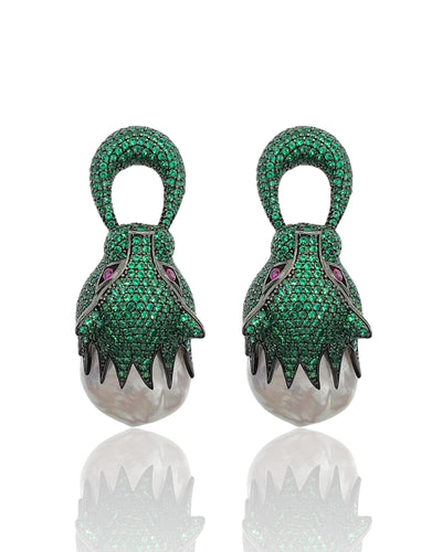 Natural Baroque Pearl Emerald Green Pavé Wild Cat Earrings
