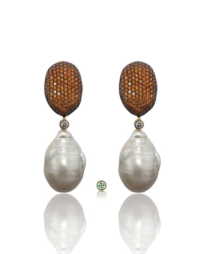 Orange Pavé & Baroque Pearl Drop Earrings