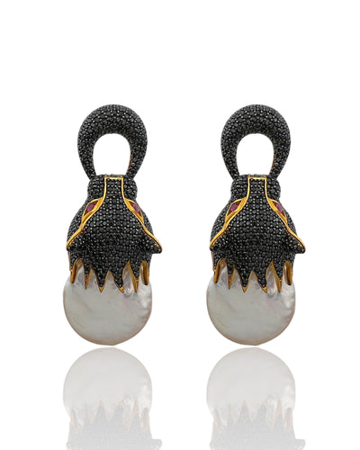 Natural Baroque Pearl Black Pavé Wild Cat Earrings