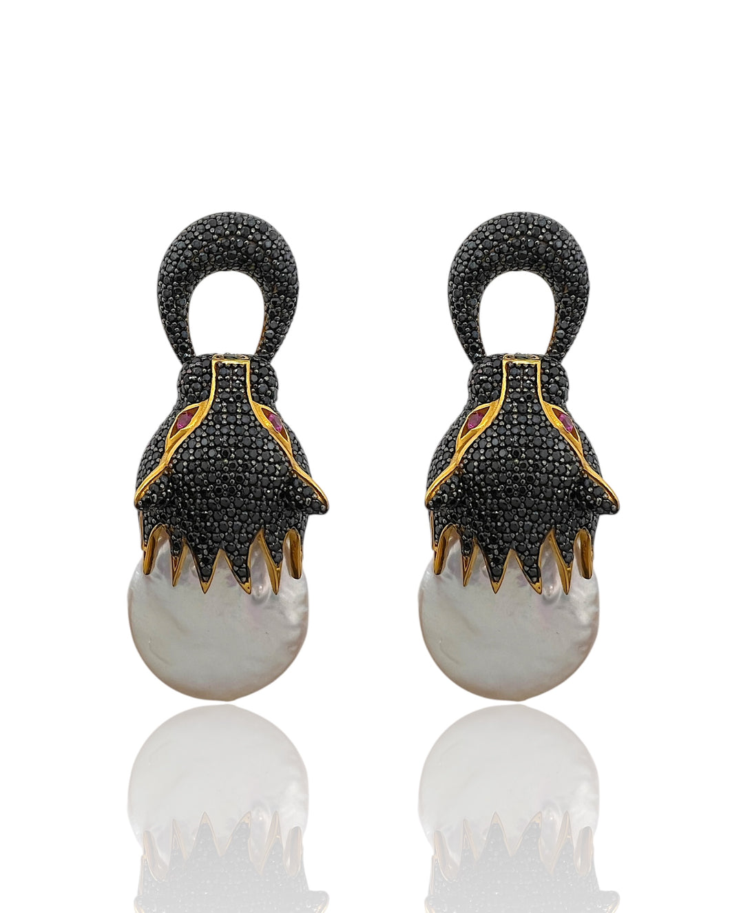 Natural Baroque Pearl Black Pavé Wild Cat Earrings