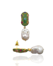 Baroque Pearl Emerald Green Pavé Drop Earrings
