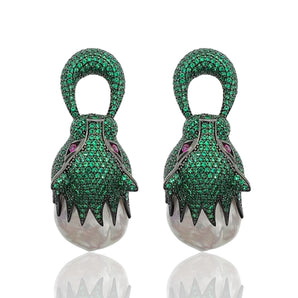 Natural Baroque Pearl Emerald Green Pavé Wild Cat Earrings