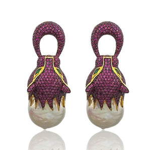 Natural Baroque Pearl Ruby Pink Pavé Wild Cat Earrings