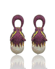 Natural Baroque Pearl Ruby Pink Pavé Wild Cat Earrings