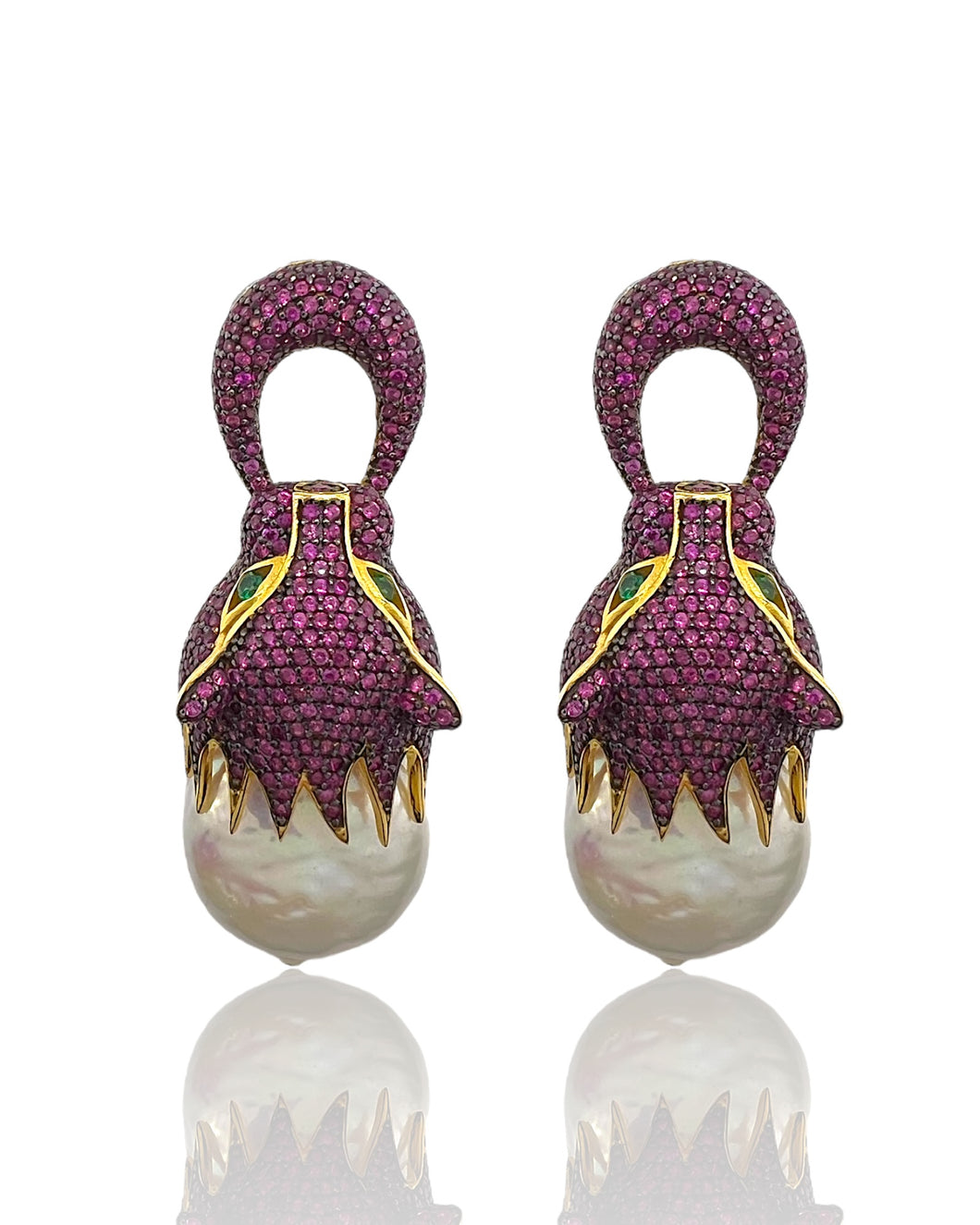 Natural Baroque Pearl Ruby Pink Pavé Wild Cat Earrings