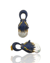 Natural Baroque Pearl Sapphire Blue Pavé Wild Cat Earrings