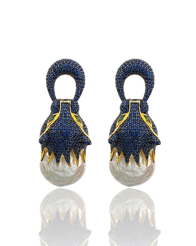 Natural Baroque Pearl Sapphire Blue Pavé Wild Cat Earrings