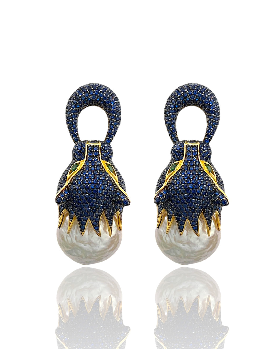 Natural Baroque Pearl Sapphire Blue Pavé Wild Cat Earrings