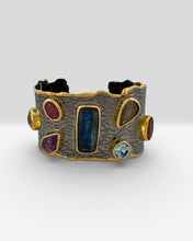 Luxury black rhodium and 18K gold plated cuff bracelet on 925 sterling silver featuring citrine, amethyst, ruby, kyanite, rutilated quartz, blue topaz and orange tourmaline.