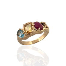 Shop this 14K gold vermeil multi gemstone ring with blue topaz, citrine, ruby and tourmaline. Tarnish-resistant, stackable, and ideal for everyday wear.