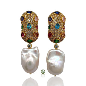 Champagne Pavé Baroque Pearl Multi-Stone Drop Earrings