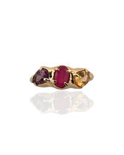 Trio gemstone ring in 18K gold vermeil on 925 sterling silver featuring citrine, ruby and amethyst. Elegant and colourful ring for everyday wear. Available in US size 7.5 (UK P) with resizing options.