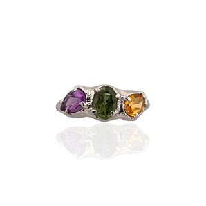 Trio gemstone ring in rhodium plated 925 sterling silver featuring citrine, green tourmaline and amethyst. Elegant and colourful ring for everyday wear. Available in US size 6.5 (UK M) with resizing options.