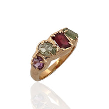 Shop this 14K gold vermeil multi gemstone ring with amethyst, green tourmaline and garnet. Tarnish-resistant, stackable, and perfect for everyday wear.