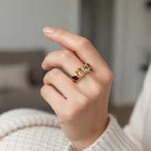 14K gold vermeil multi gemstone ring with garnet, citrine, blue topaz and tourmaline on sterling silver