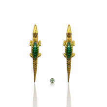 Unique crocodile earrings with green zirconia stones in 18K gold vermeil or sterling silver. Minimalist animal jewelry perfect for everyday wear or gifting.