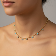 Shop turquoise beaded necklace in 18K gold vermeil with blue zirconia. A dainty, elegant piece symbolising protection & calm. Perfect everyday jewelry.