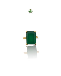 An emerald-cut green agate ring with a gold vermeil band on a white background.