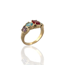 Shop this 14K gold vermeil multi gemstone ring with emerald, garnet, blue topaz and amethyst. Tarnish-resistant, stackable, and perfect for everyday wear.