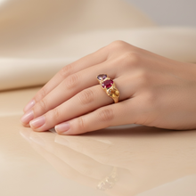 Trio gemstone ring in 18K gold vermeil on 925 sterling silver featuring citrine, ruby and amethyst. Elegant and colourful ring for everyday wear. Available in US size 7.5 (UK P) with resizing options.