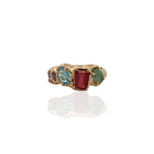Shop this 14K gold vermeil multi gemstone ring with emerald, garnet, blue topaz and amethyst. Tarnish-resistant, stackable, and perfect for everyday wear.