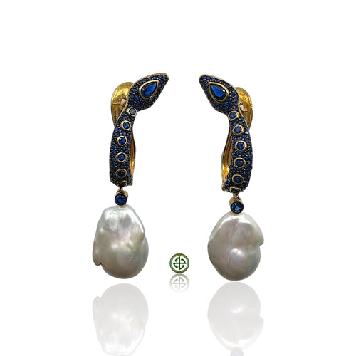 Gold Snake Pearl Drop Earrings