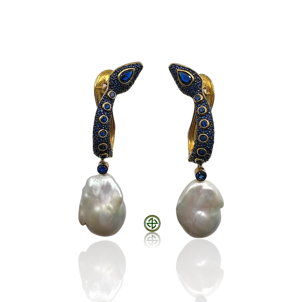 Gold Snake Pearl Drop Earrings