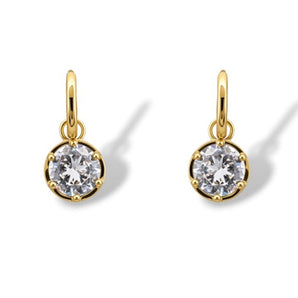 Pair of gold-tone hoop earrings with round clear zirconia drops, shown from the front on a white background.