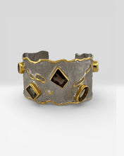 Luxury 18K gold vermeil cuff bracelet on 925 sterling silver featuring smoky quartz, green amethyst, lemon quartz, orange tourmaline and amethyst. Handmade statement gemstone cuff.

URL Handle