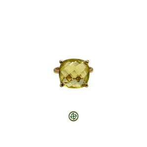 A Lemon Quartz ring with a gold band and yellow plating, featuring a faceted square-shaped stone.
