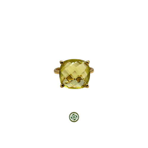 A Lemon Quartz ring with a gold band and yellow plating, featuring a faceted square-shaped stone.