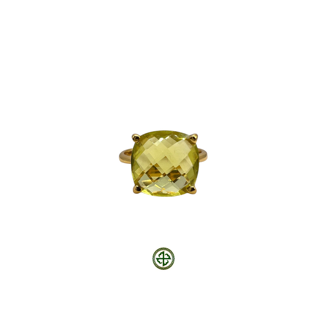 A Lemon Quartz ring with a gold band and yellow plating, featuring a faceted square-shaped stone.