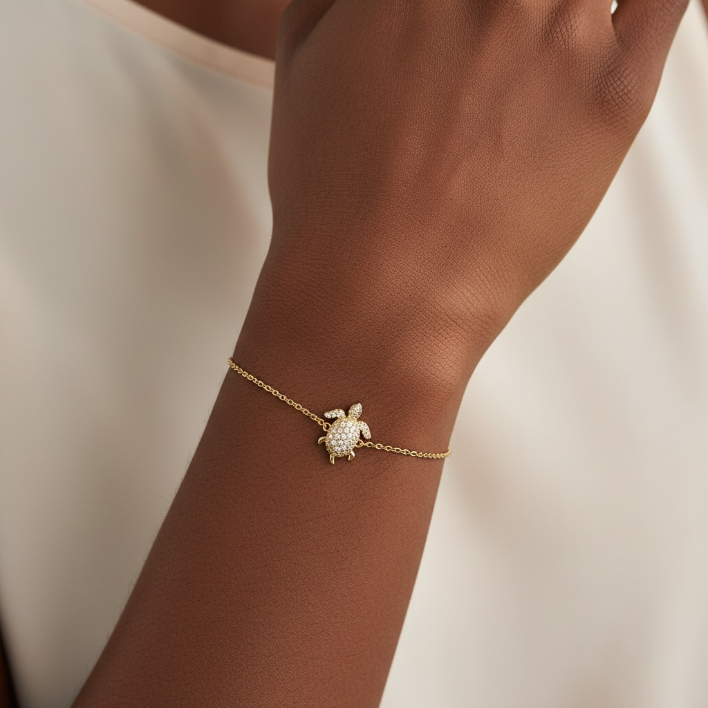Elegant 18K gold vermeil or 925 sterling silver turtle bracelet with adjustable 17cm + 3.5cm extension. Minimalist pavé charm design, perfect for everyday wear or gifting.