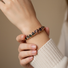 gold vermeil bracelet with rough cut emerald peridot citrine tourmaline stones hammered texture adjustable cuff
