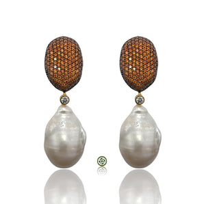 Orange Pavé Baroque Pearl Drop Earrings