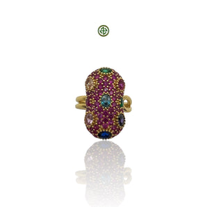 A multicolored skyfall pearl necklace with silver and gold vermeil, featuring various colored gemstones.