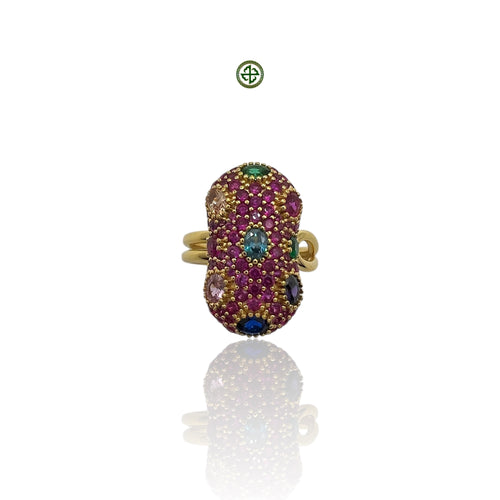 A multicolored skyfall pearl necklace with silver and gold vermeil, featuring various colored gemstones.