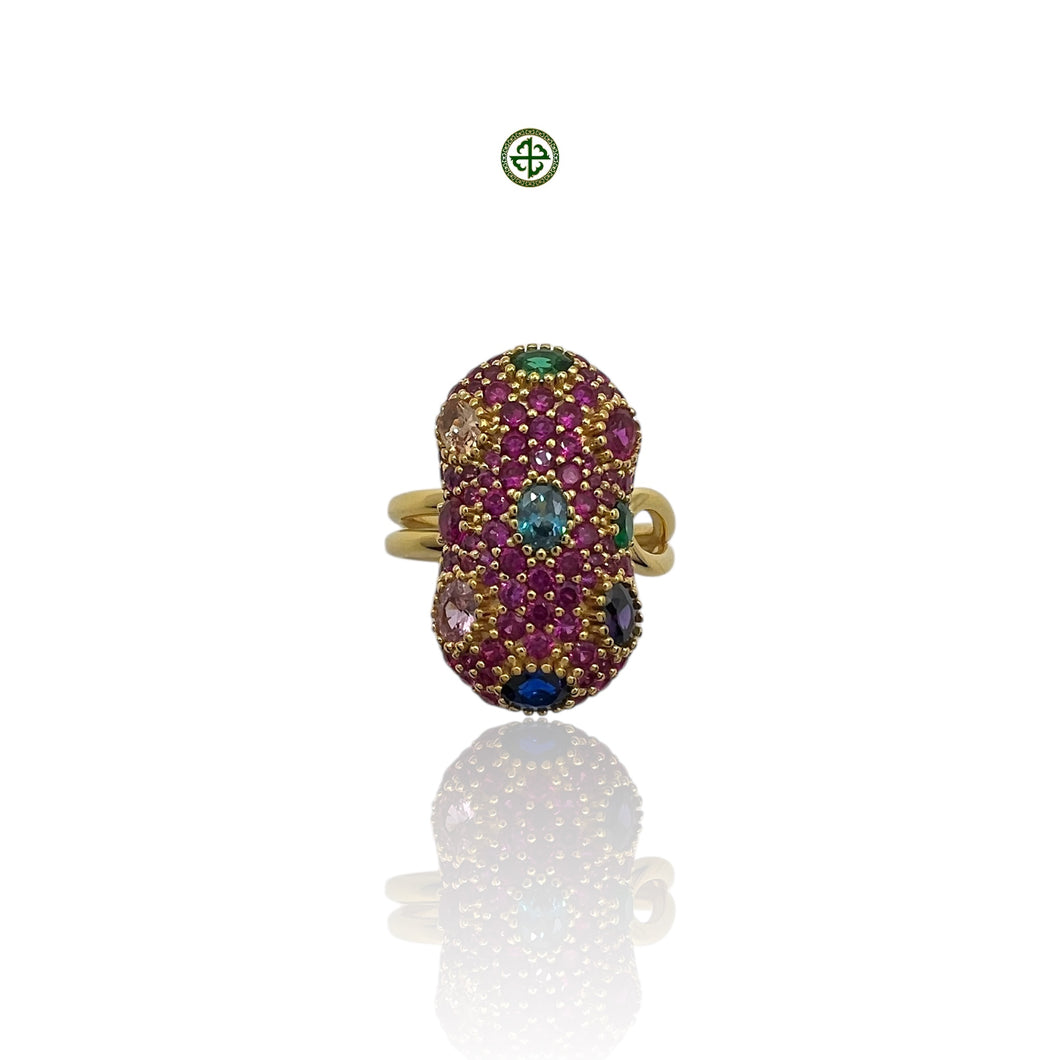 A multicolored skyfall pearl necklace with silver and gold vermeil, featuring various colored gemstones.