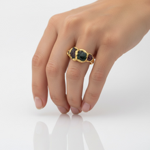 Raw black tourmaline and garnet gemstone ring in gold vermeil over sterling silver