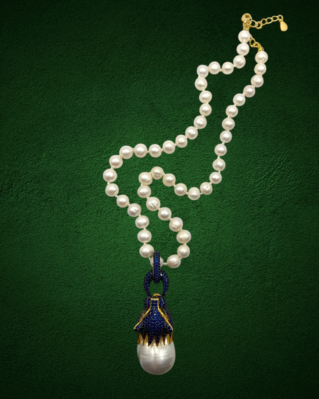 Baroque Pearl Sapphire Blue Panther Pendant Necklace