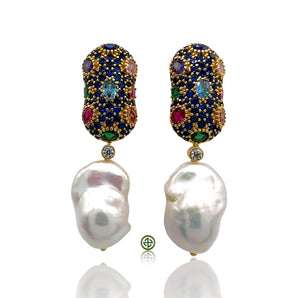 Sapphire Blue Pavé Baroque Pearl Drop Earrings