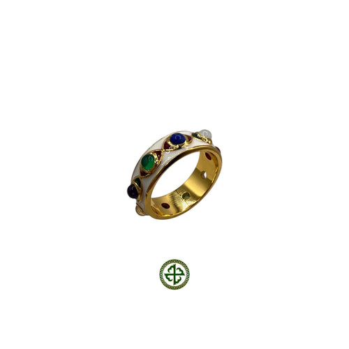 A gold-colored ring featuring a series of multicolored gemstones set in a Barrel ring design with white enamel accents.