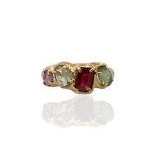 Shop this 14K gold vermeil multi gemstone ring with amethyst, green tourmaline and garnet. Tarnish-resistant, stackable, and perfect for everyday wear.