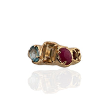 Shop this 14K gold vermeil multi gemstone ring with blue topaz, citrine, ruby and tourmaline. Tarnish-resistant, stackable, and ideal for everyday wear.