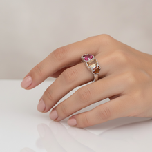 Multi gemstone statement ring in rhodium plated 925 sterling silver featuring citrine, orange tourmaline, ruby and garnet. Tarnish-resistant artisan ring for everyday wear. Available in US size 7 (UK N) with resizing options.