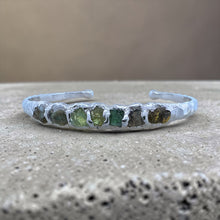 925 sterling silver bracelet with rough cut emerald peridot and tourmaline stones hammered texture adjustable fit