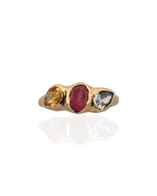 Trio gemstone ring in 18K gold vermeil on 925 sterling silver featuring Swiss blue topaz, pink tourmaline and citrine. Elegant and colourful ring for everyday wear. Available in US size 8 (UK Q) with resizing options.