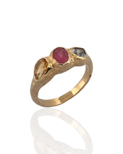 Trio gemstone ring in 18K gold vermeil on 925 sterling silver featuring Swiss blue topaz, pink tourmaline and citrine. Elegant and colourful ring for everyday wear. Available in US size 8 (UK Q) with resizing options.