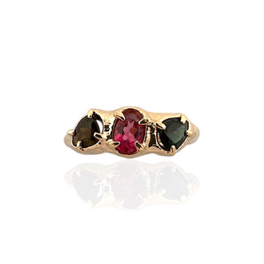 Trio tourmaline ring in 18K gold vermeil on 925 sterling silver featuring deep green, yellow and pink tourmaline gemstones. Elegant statement ring for everyday wear. Available in US size 8 (UK Q) with resizing options.