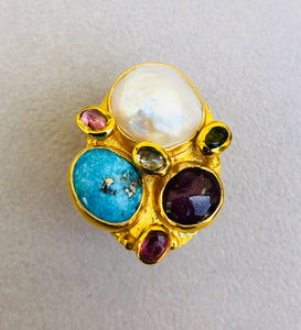 Baroque Pearl Turquoise Turmalines Roman Ring